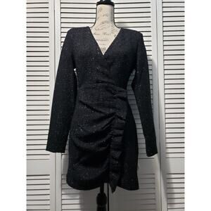 Zara Cocktail Dress Women's Small Black Shimmer Woven Texture Long Sleeve Ruffle